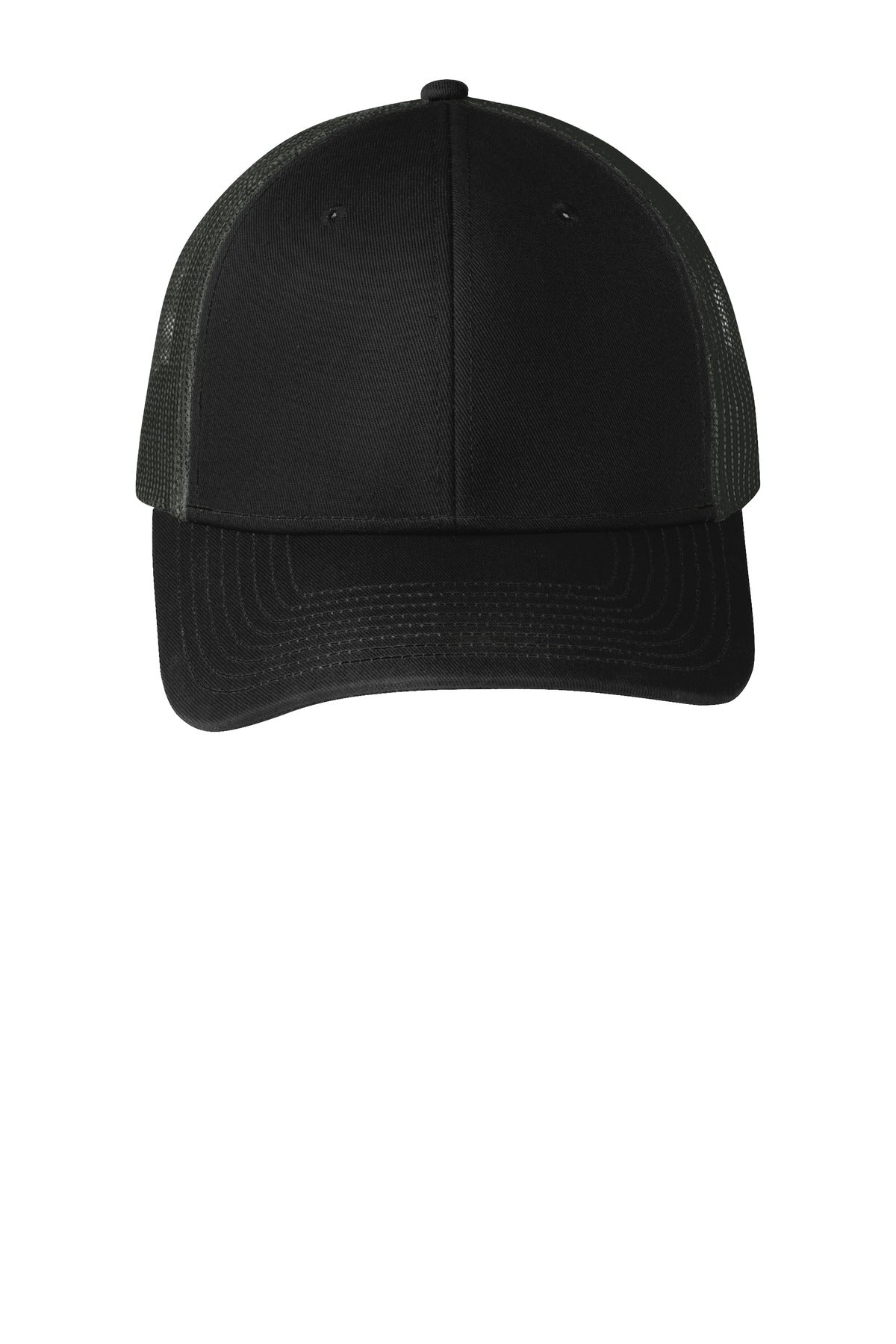 Front View of Black/Grey Stl Port Authority Snapback Trucker Cap. C112