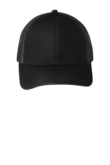 Front View of Black/Grey Stl Port Authority Snapback Trucker Cap. C112