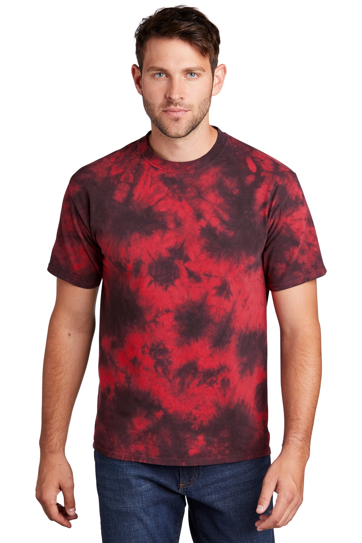 Front View of Black/Red Port & Company Crystal Tie-Dye Tee PC145