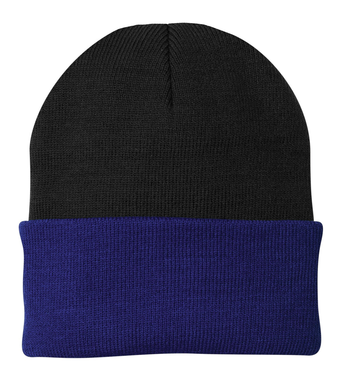 Front View of Black/Royal Port & Company Knit Cap. CP90