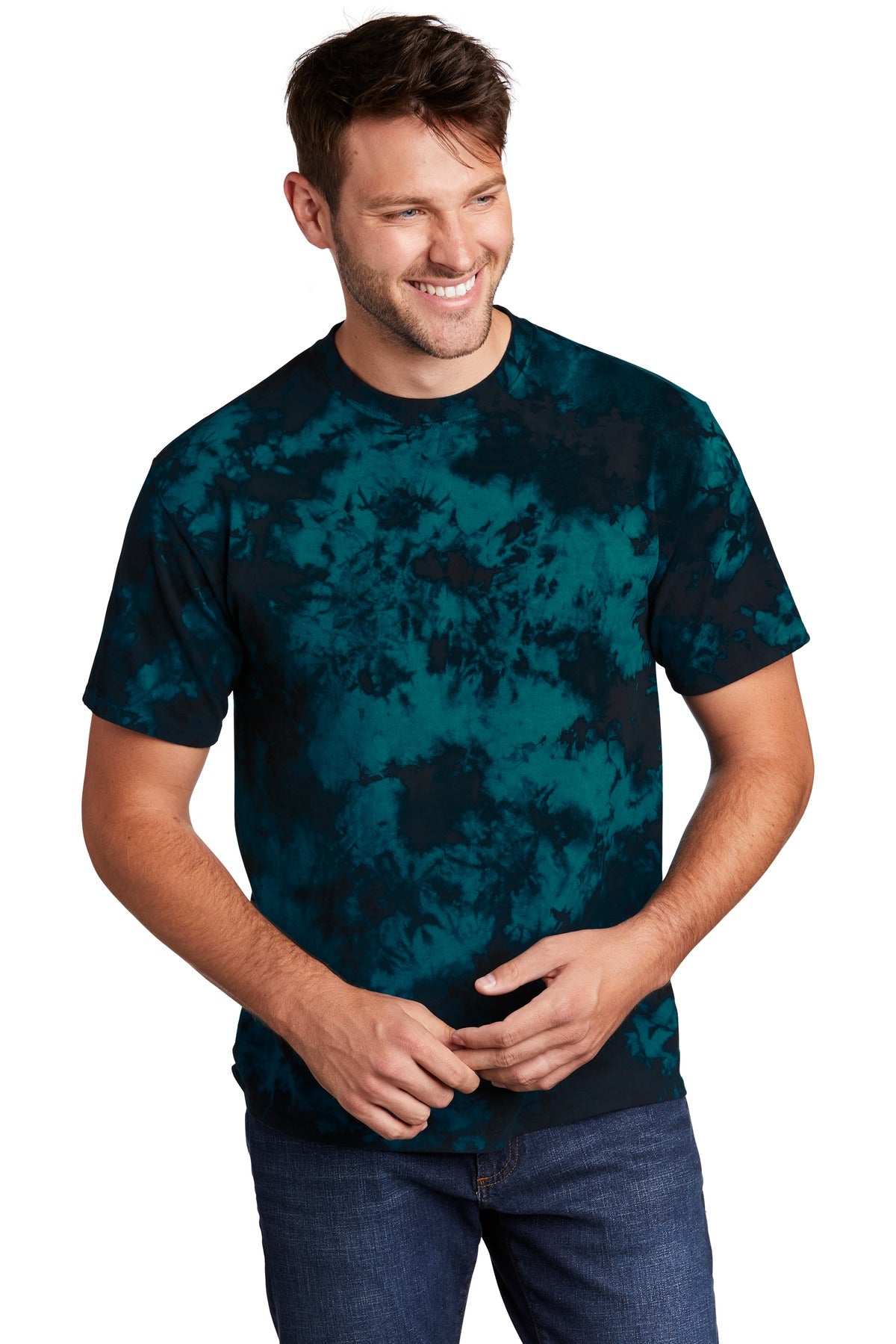 Front View of Black/Teal Port & Company Crystal Tie-Dye Tee PC145