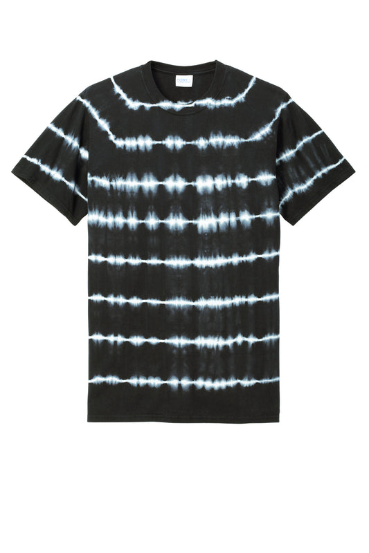 Front View of Blk/White Port & Company Allover Stripe Tie-Dye Tee PC142