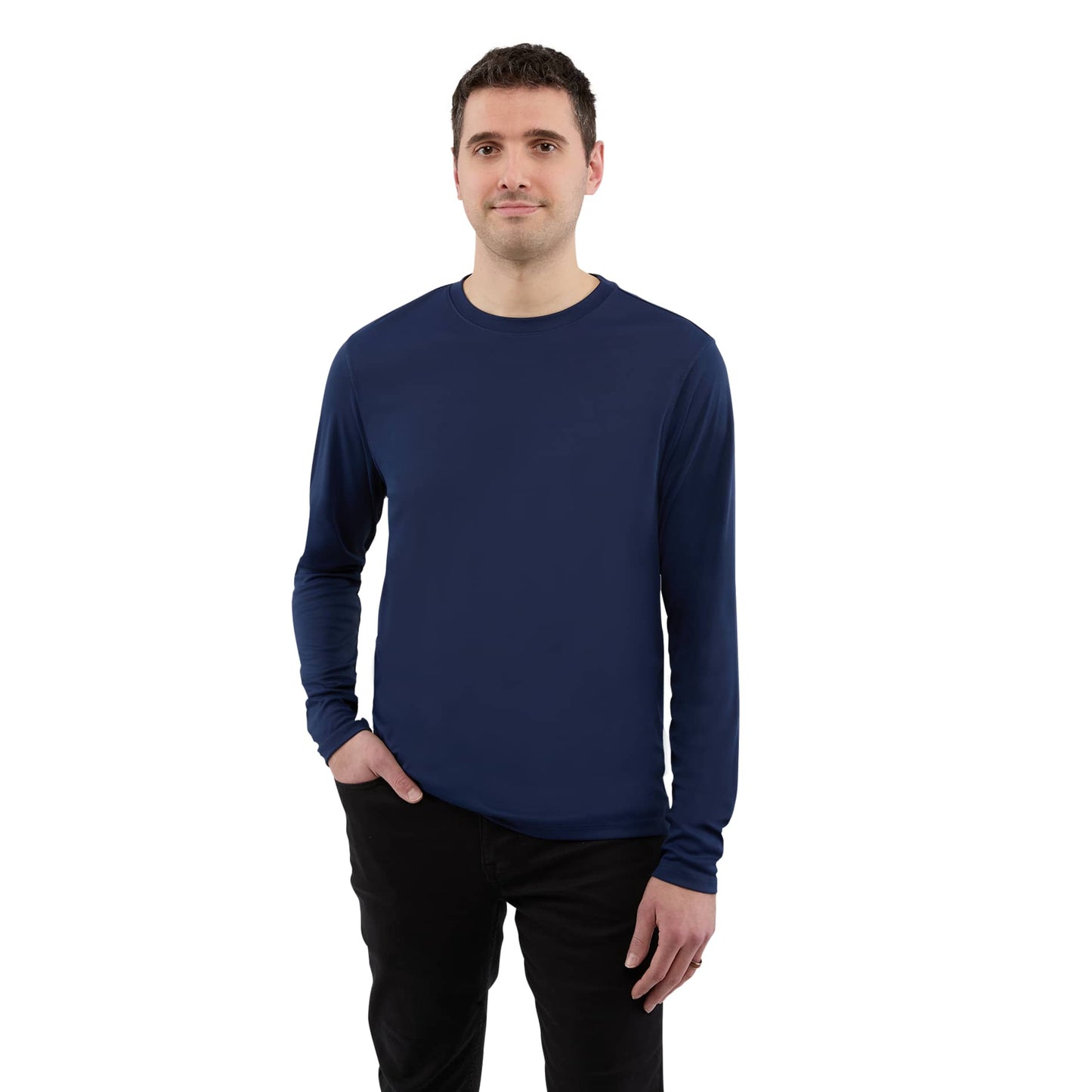 Front View of Blue DARA LS Tech Tee - Men's plain
