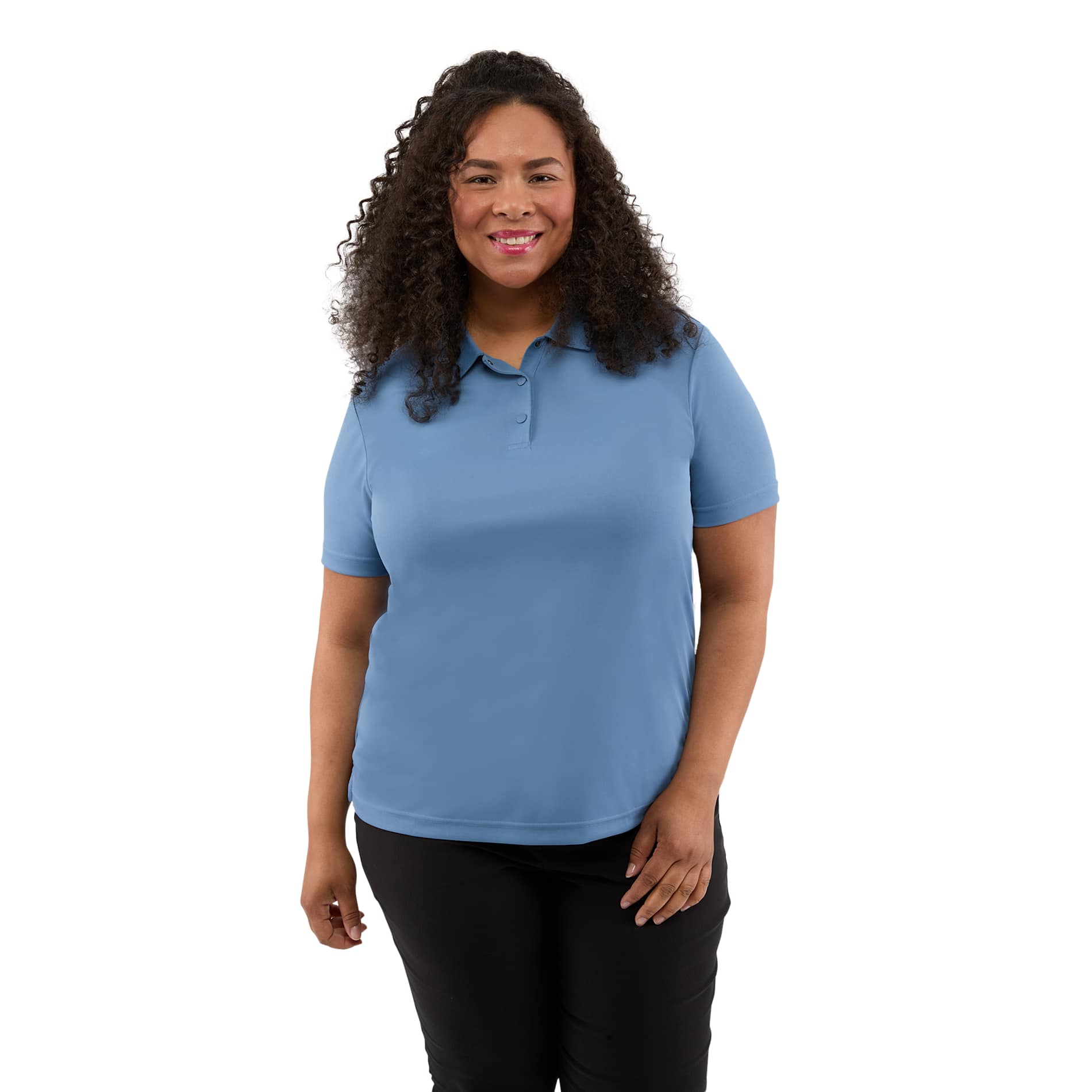 Front View of Blue DARA SS Polo - Women's plain