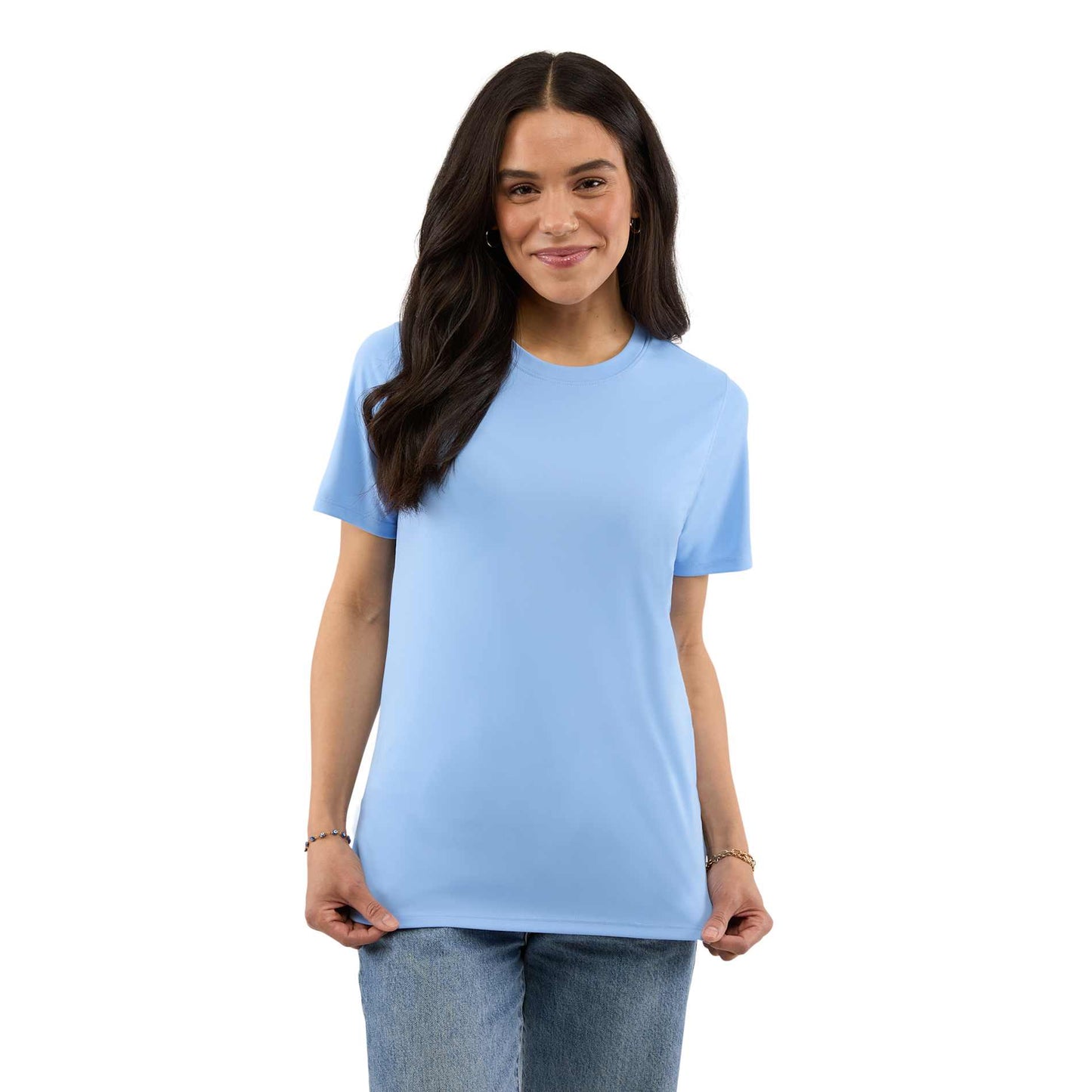 Front View of Blue DARA SS Tech Tee - Women's plain