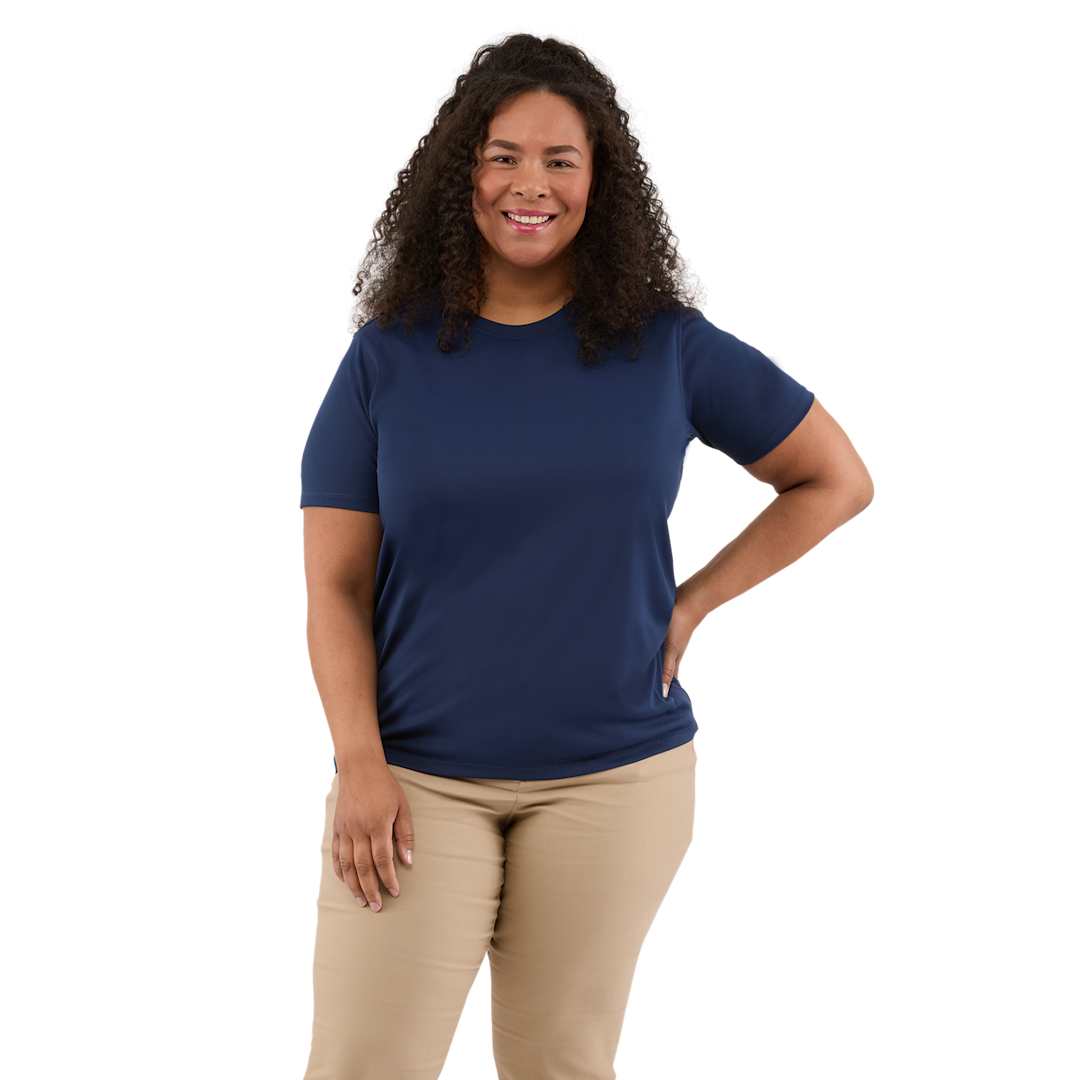 Front View of Blue DARA SS Tech Tee - Women's plain
