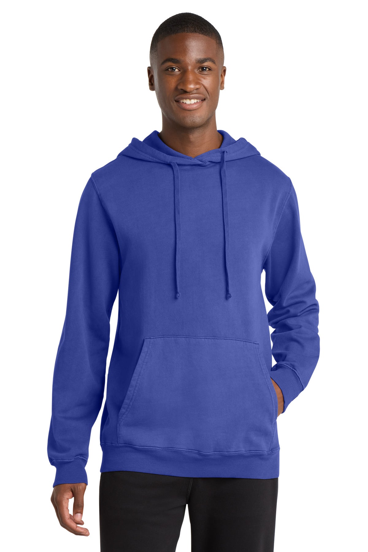 Front View of BlueIris Port & Company Beach Wash Garment-Dyed Pullover Hooded Sweatshirt. PC098H