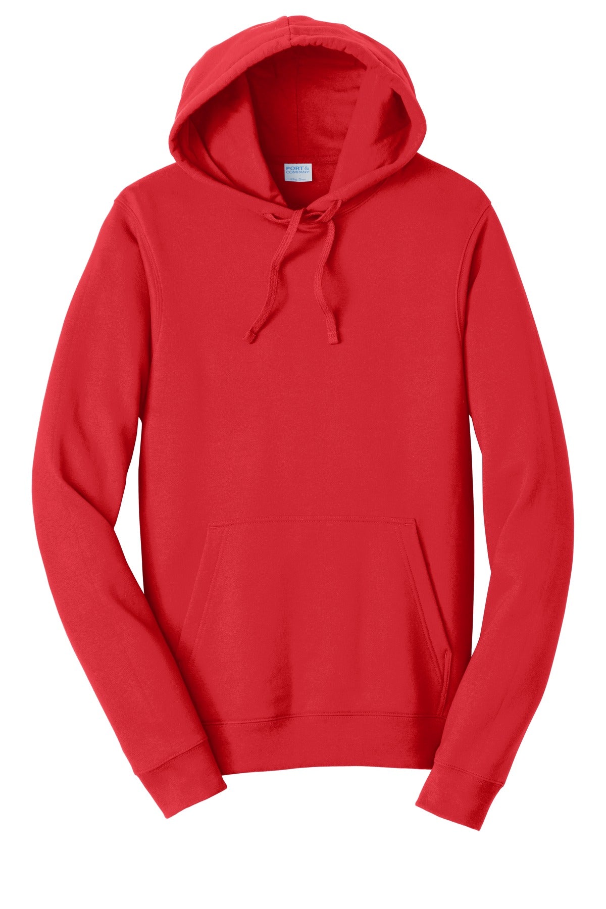 Front View of Bright Red Port & Company Fan Favorite Fleece Pullover Hooded Sweatshirt. PC850H