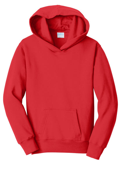Front View of Bright Red Port & Company Youth Fan Favorite Fleece Pullover Hooded Sweatshirt. PC850YH