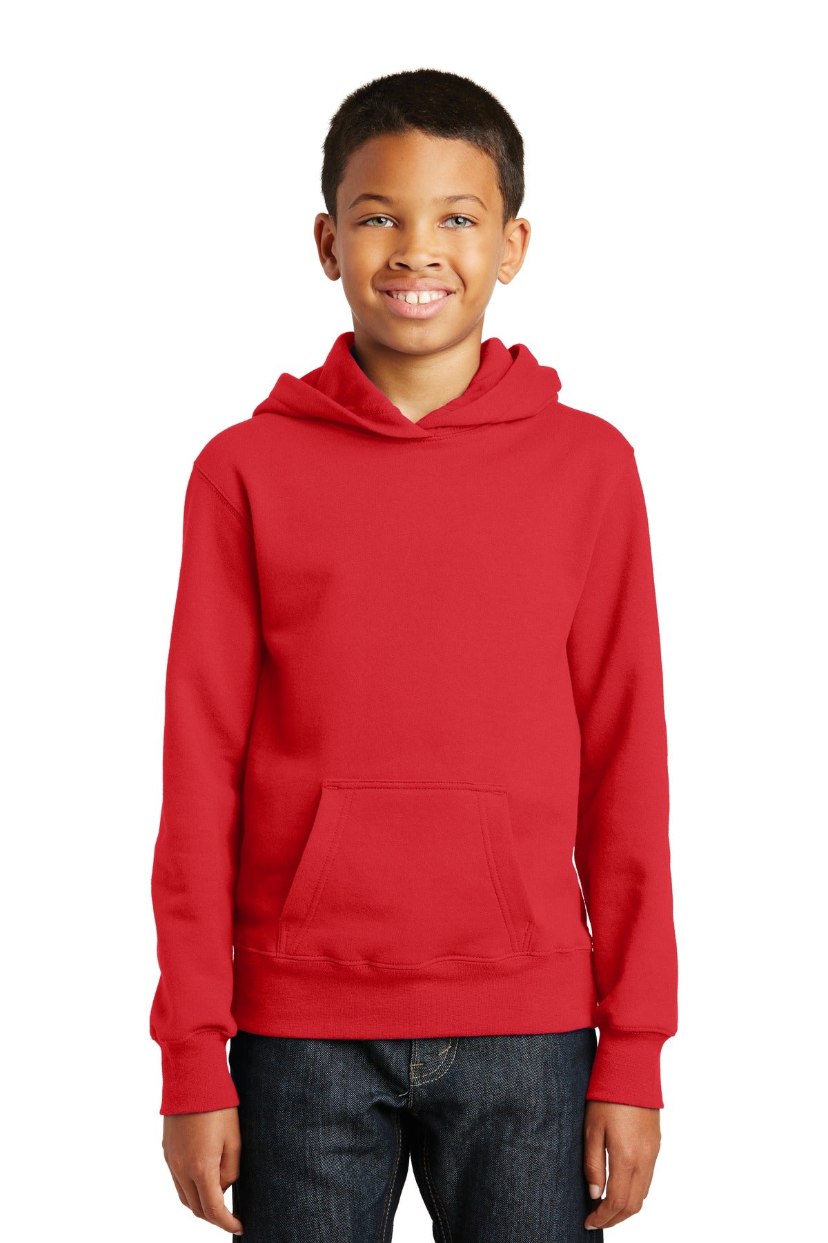 Front View of Bright Red Port & Company Youth Fan Favorite Fleece Pullover Hooded Sweatshirt. PC850YH