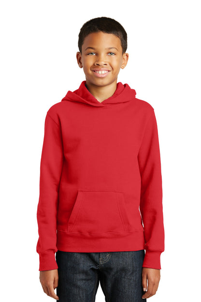 Front View of Bright Red Port & Company Youth Fan Favorite Fleece Pullover Hooded Sweatshirt. PC850YH