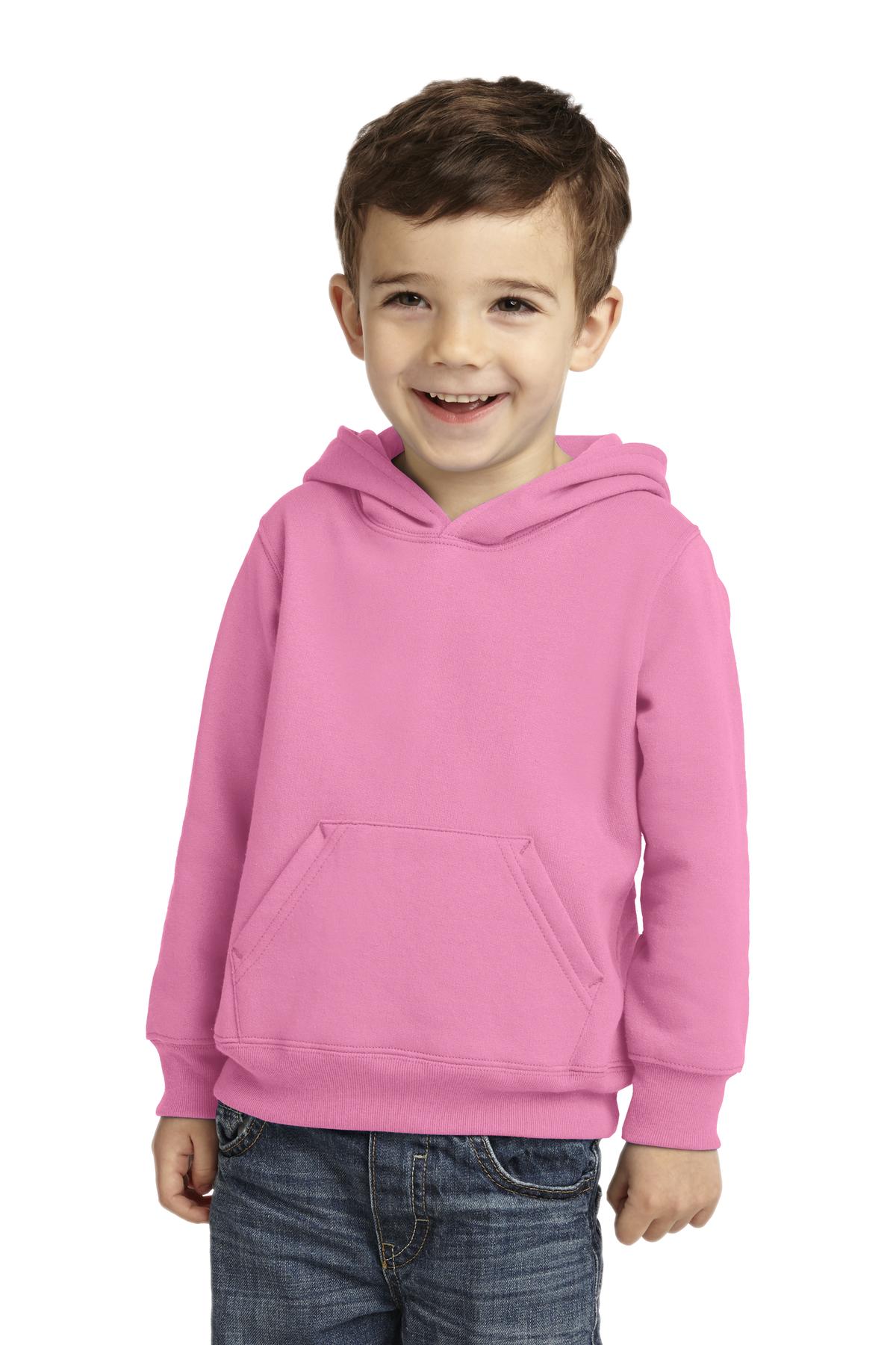 Front View of Candy Pink Port & Company Toddler Core Fleece Pullover Hooded Sweatshirt. CAR78TH