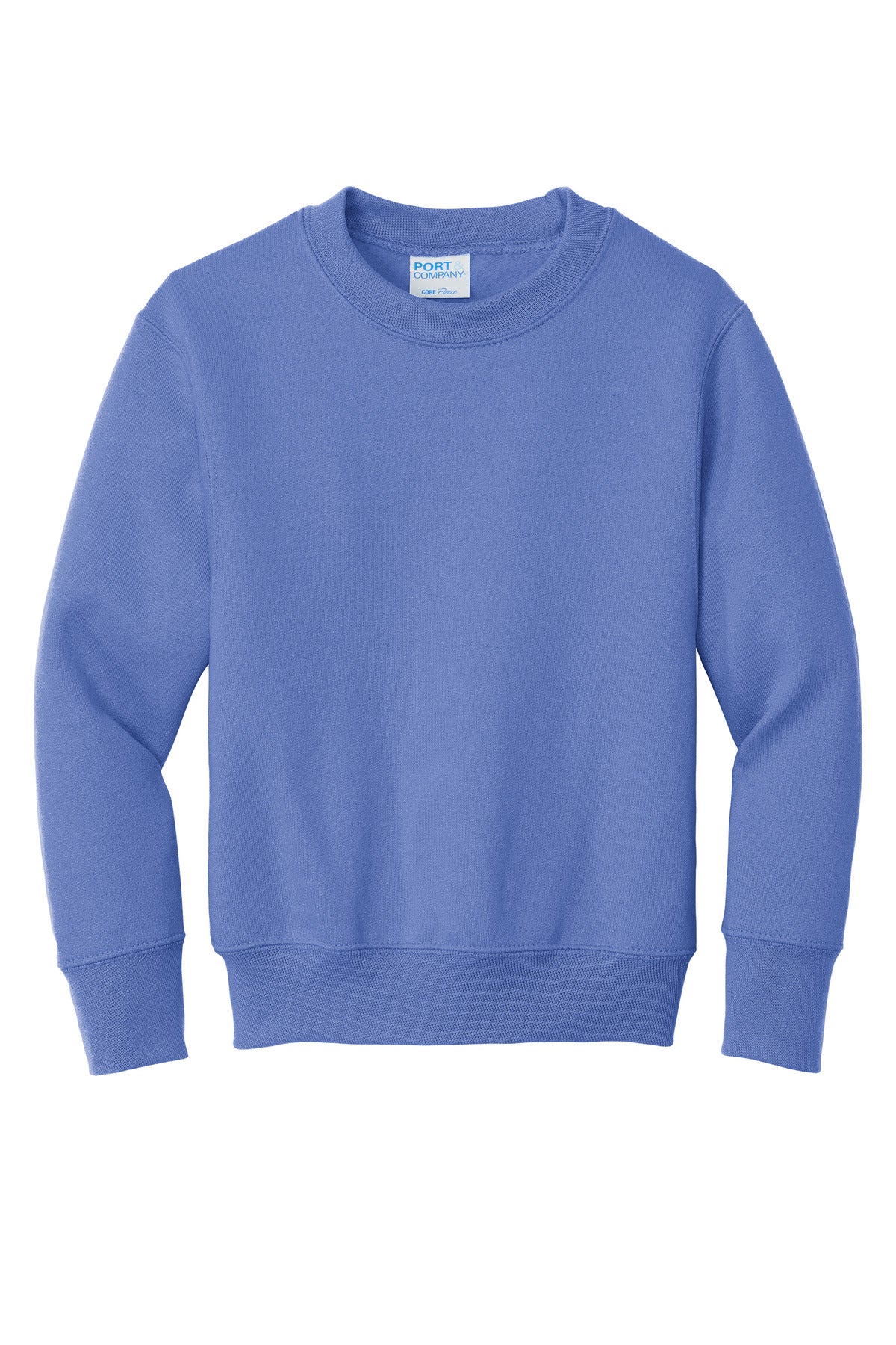 Front View of Carolina Blue Port & Company Youth Core Fleece Crewneck Sweatshirt. PC90Y