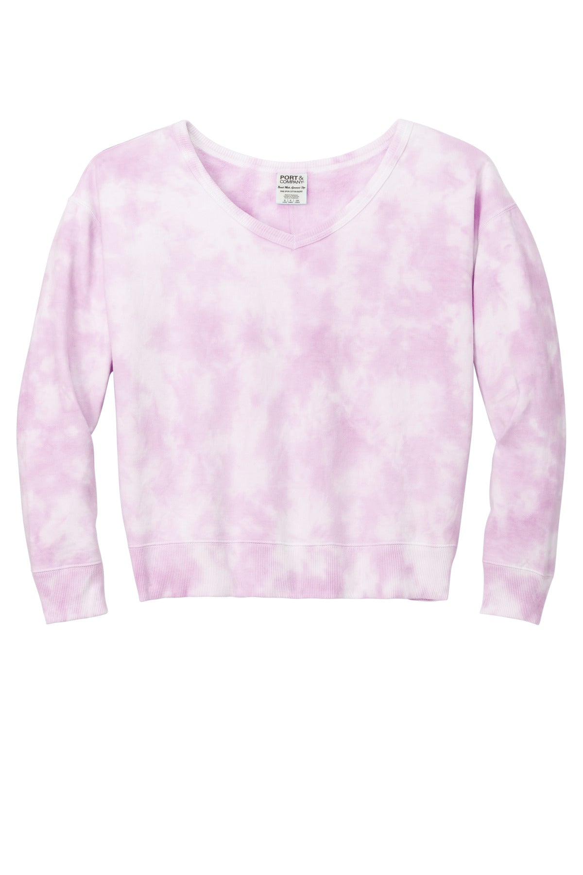 Front View of CerisePink Port & Company Women's Beach Wash Cloud Tie-Dye V-Neck Sweatshirt LPC140V