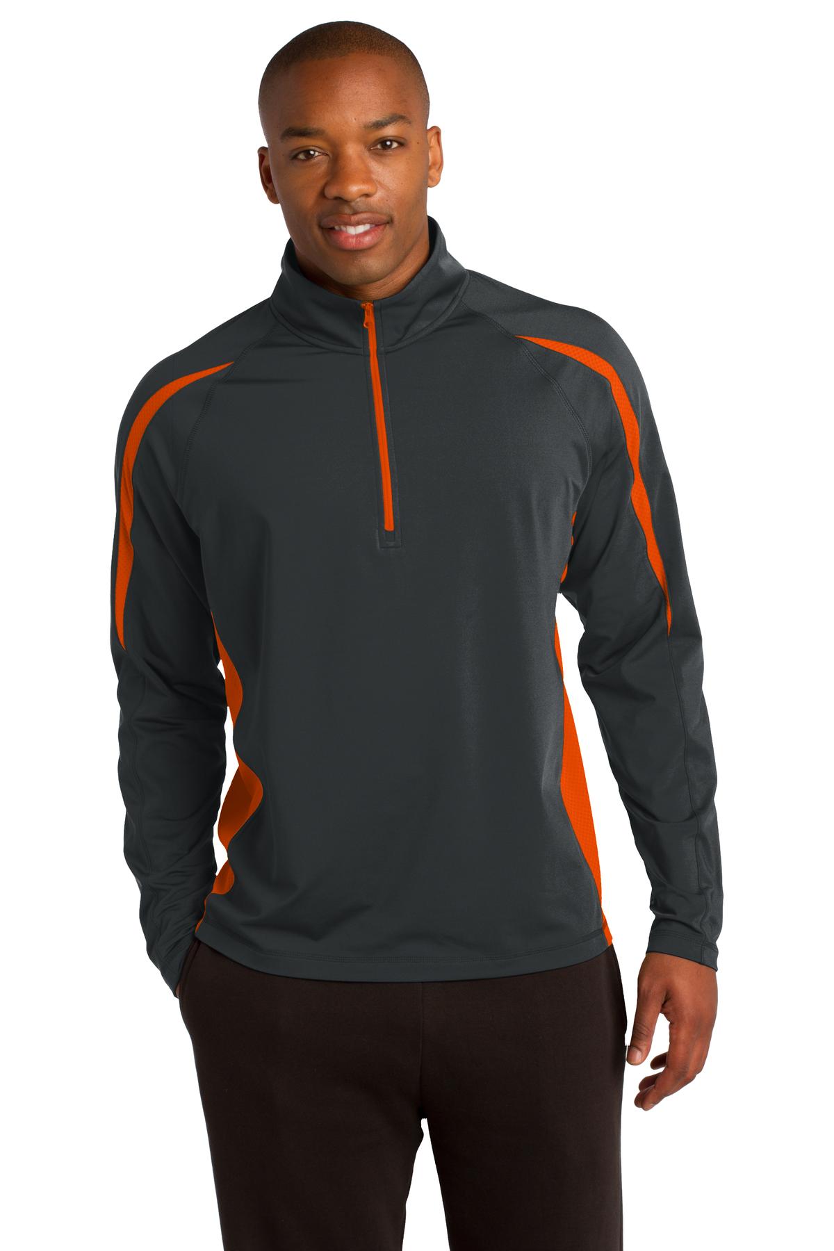 Front View of Char Gry/Dp Or Sport-Tek Sport-Wick Stretch 1/2-Zip Colorblock Pullover. ST851