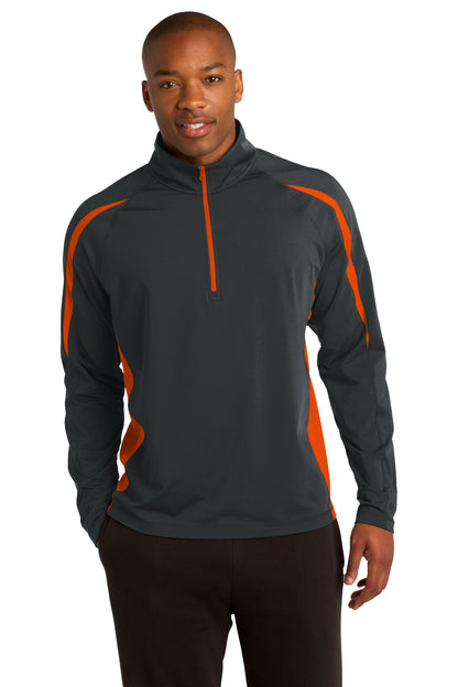 Front View of Char Gry/Dp Or Sport-Tek Sport-Wick Stretch 1/2-Zip Colorblock Pullover. ST851