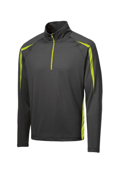 Front View of Char Gry/Green Sport-Tek Sport-Wick Stretch 1/2-Zip Colorblock Pullover. ST851