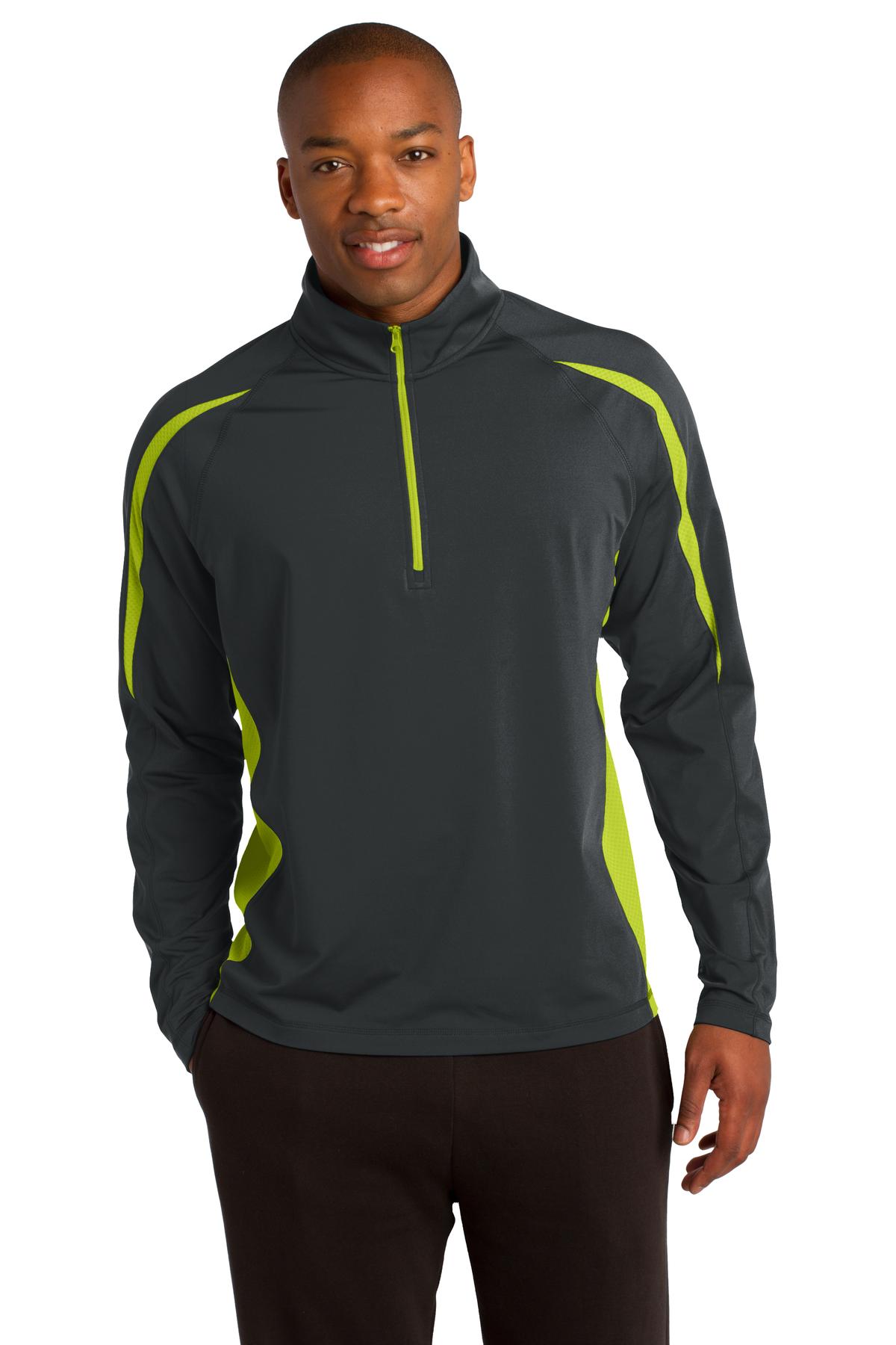 Front View of Char Gry/Green Sport-Tek Sport-Wick Stretch 1/2-Zip Colorblock Pullover. ST851