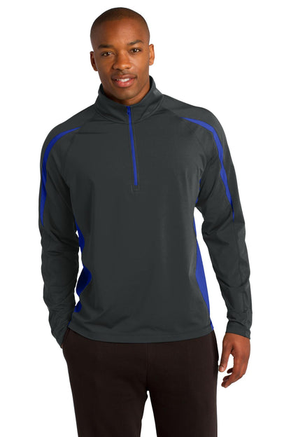 Front View of Char Gry/TrRyl Sport-Tek Sport-Wick Stretch 1/2-Zip Colorblock Pullover. ST851