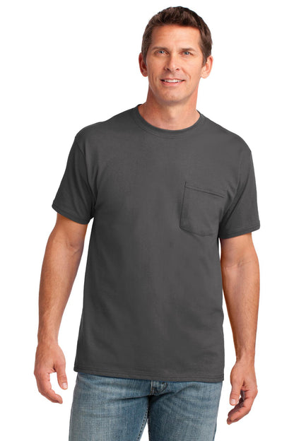 Front View of Charcoal Port & Company Core Cotton Pocket Tee. PC54P