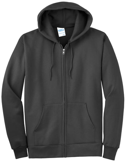 Front View of Charcoal Port & Company Essential Fleece Full-Zip Hooded Sweatshirt. PC90ZH
