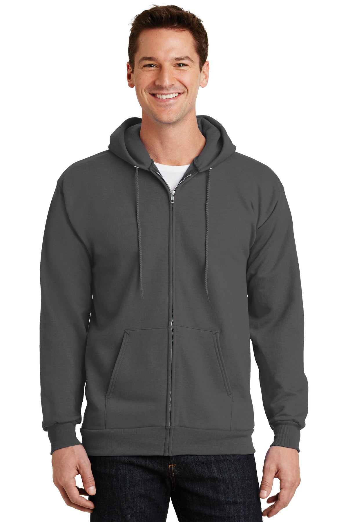 Front View of Charcoal Port & Company Essential Fleece Full-Zip Hooded Sweatshirt. PC90ZH