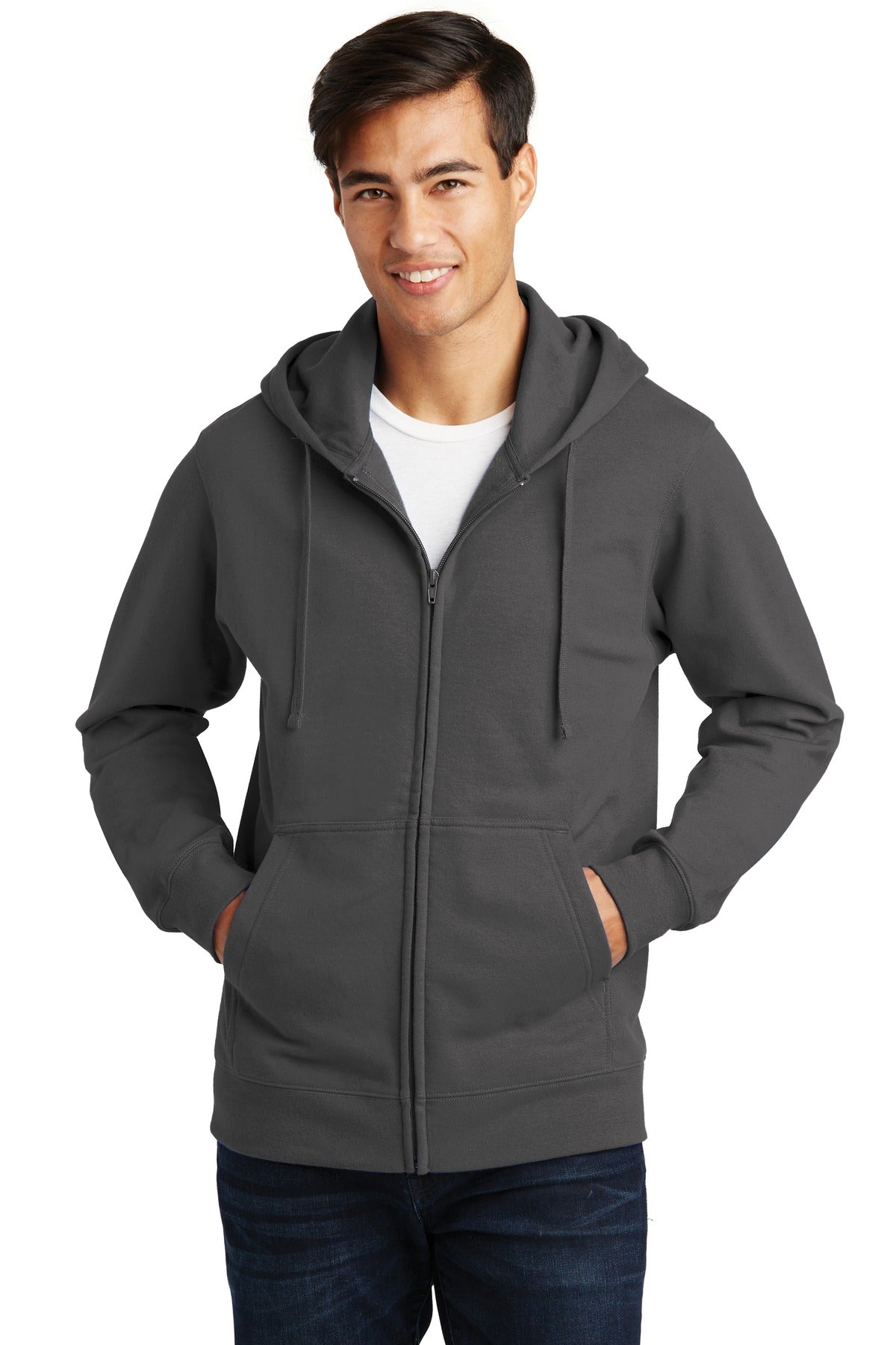 Front View of Charcoal Port & Company Fan Favorite Fleece Full-Zip Hooded Sweatshirt. PC850ZH