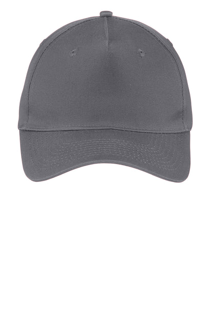 Front View of Charcoal Port & Company Five-Panel Twill Cap. CP86