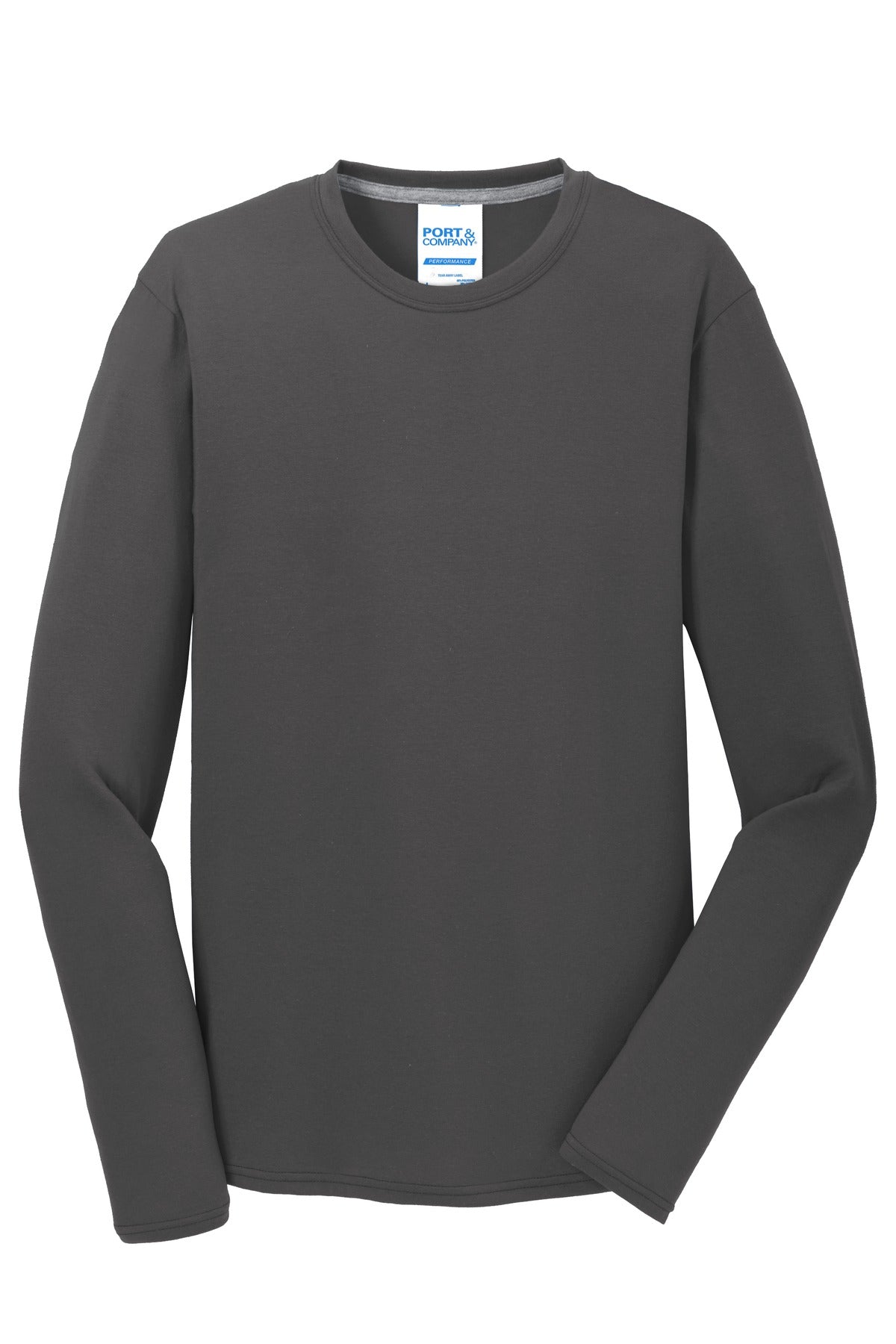 Front View of Charcoal Port & Company Long Sleeve Performance Blend Tee. PC381LS