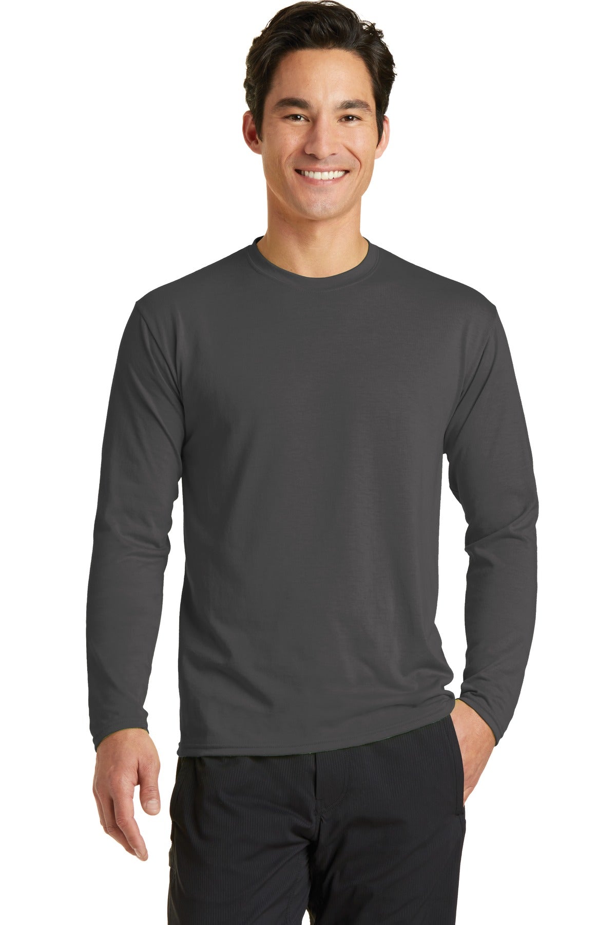Front View of Charcoal Port & Company Long Sleeve Performance Blend Tee. PC381LS