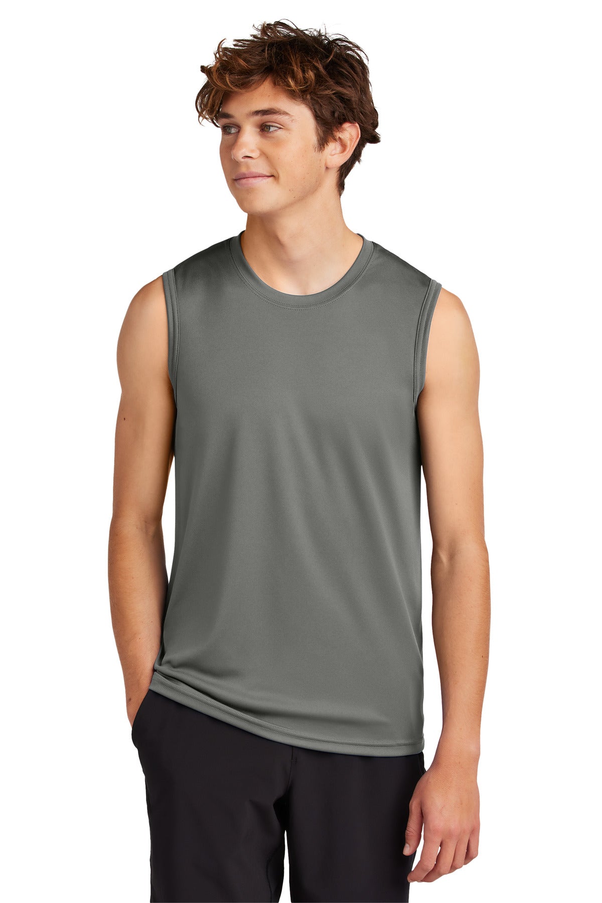 Front View of Charcoal Port & Company Performance Sleeveless Tee PC380SL