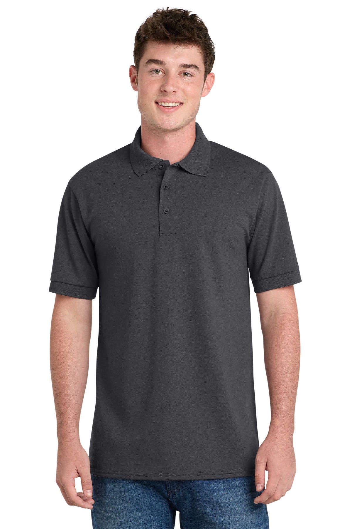 Front View of Charcoal Port & Company Tall Core Blend Jersey Knit Polo. KP55T