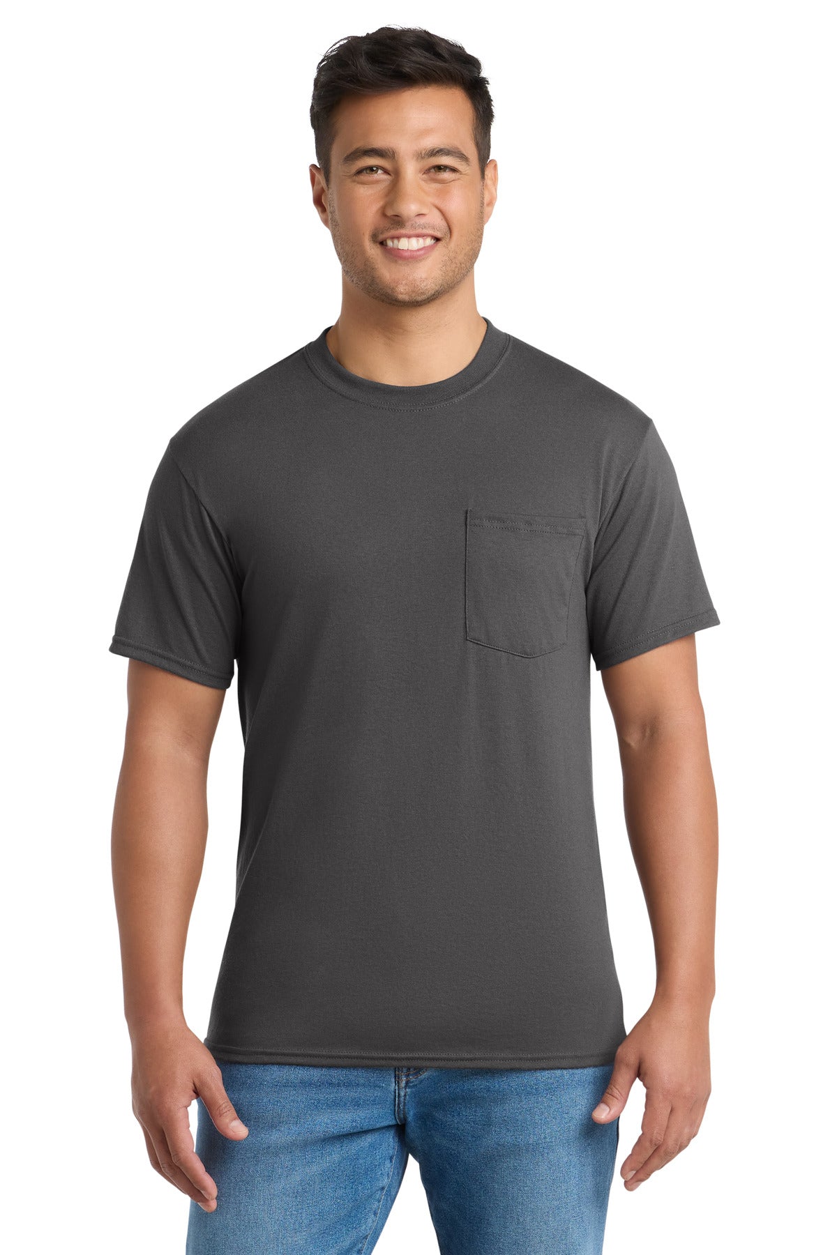 Front View of Charcoal Port & Company Tall Core Blend Pocket Tee. PC55PT