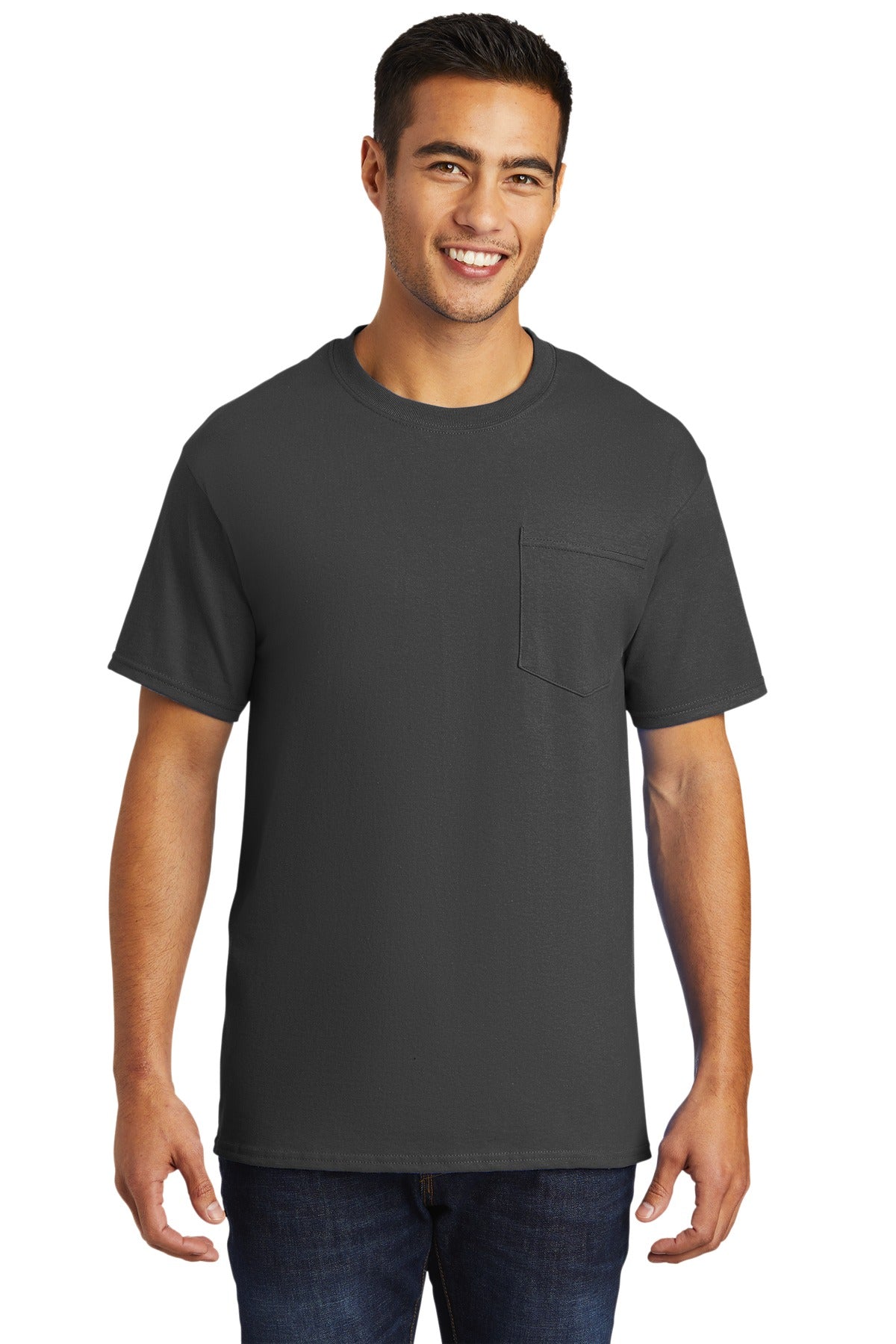 Front View of Charcoal Port & Company - Tall Essential Pocket Tee. PC61PT