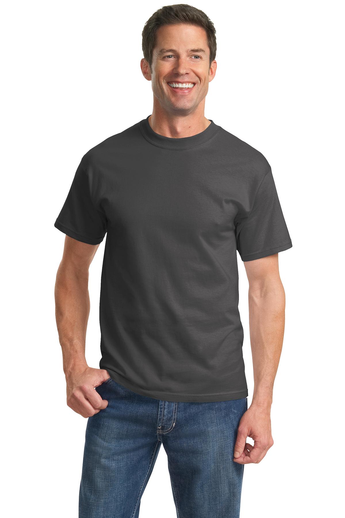 Front View of Charcoal Port & Company Tall Essential Tee. PC61T