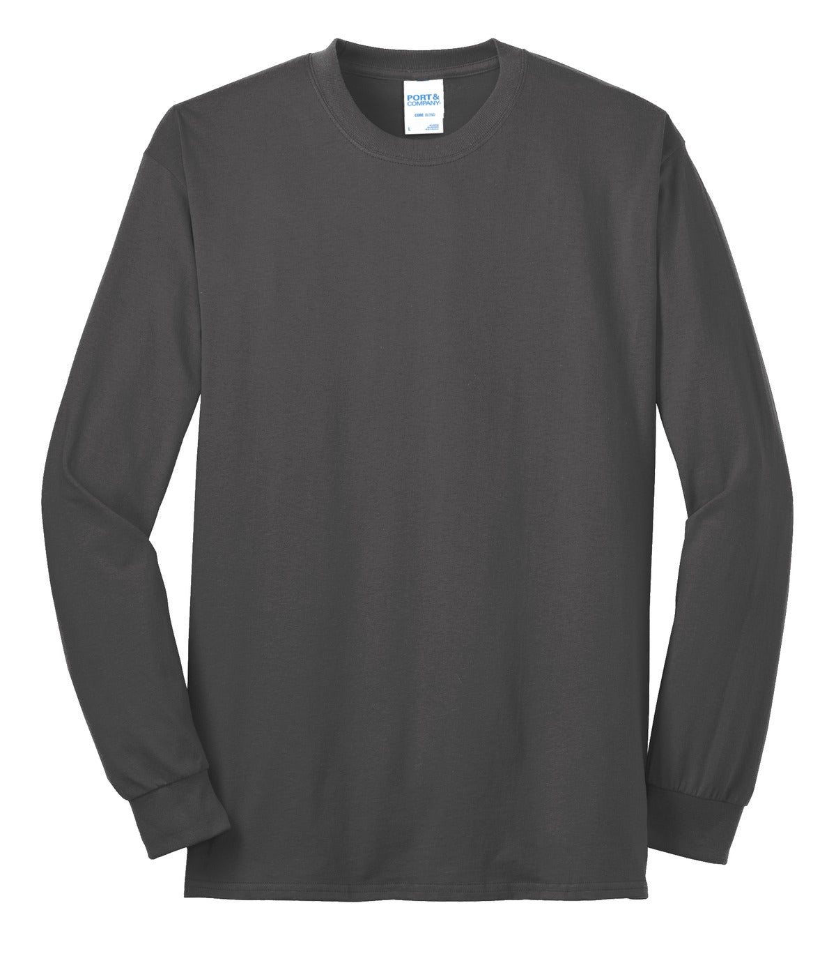 Front View of Charcoal Port & Company Tall Long Sleeve Core Blend Tee. PC55LST
