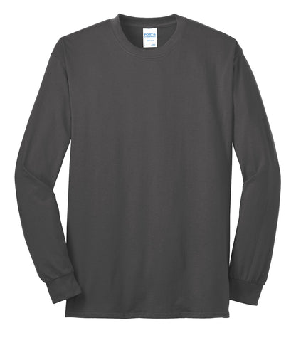 Front View of Charcoal Port & Company Tall Long Sleeve Core Blend Tee. PC55LST