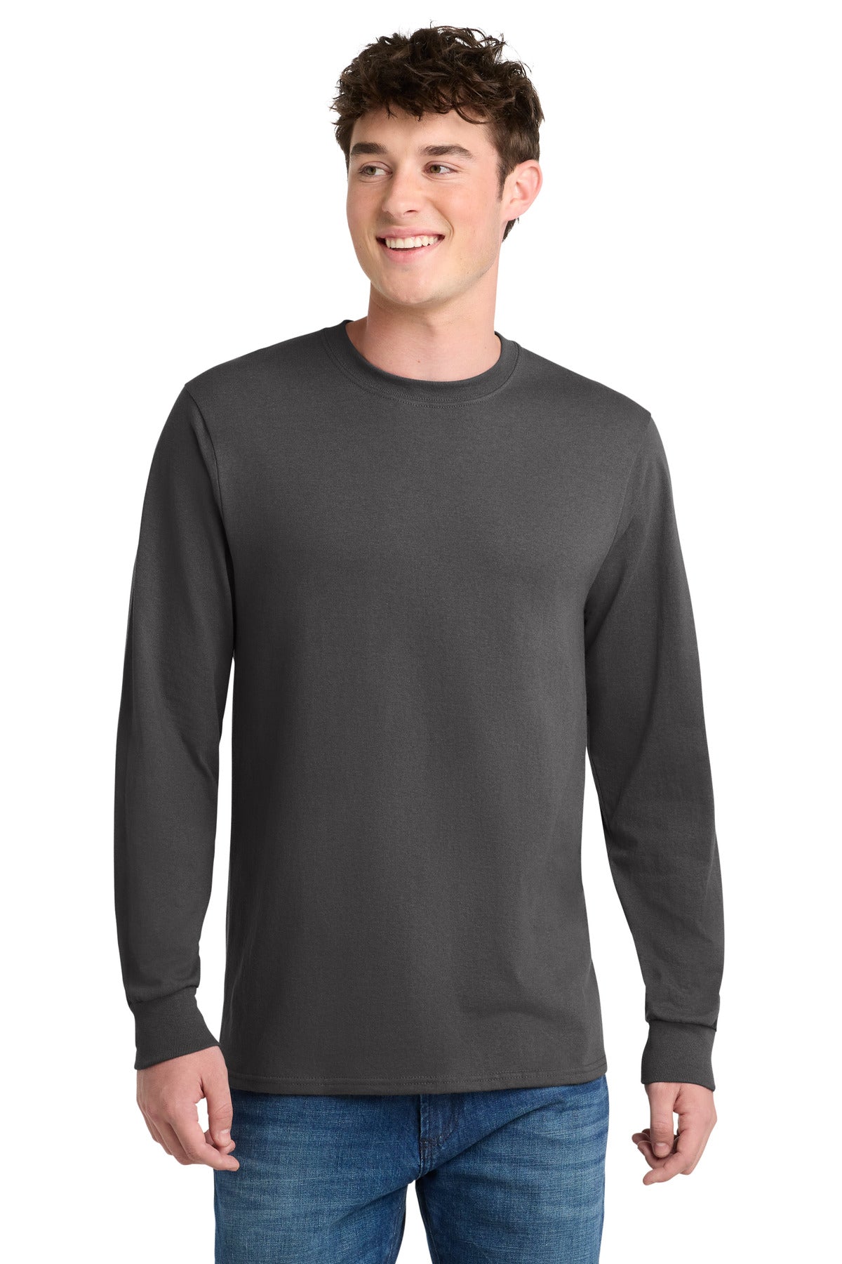 Front View of Charcoal Port & Company Tall Long Sleeve Core Blend Tee. PC55LST