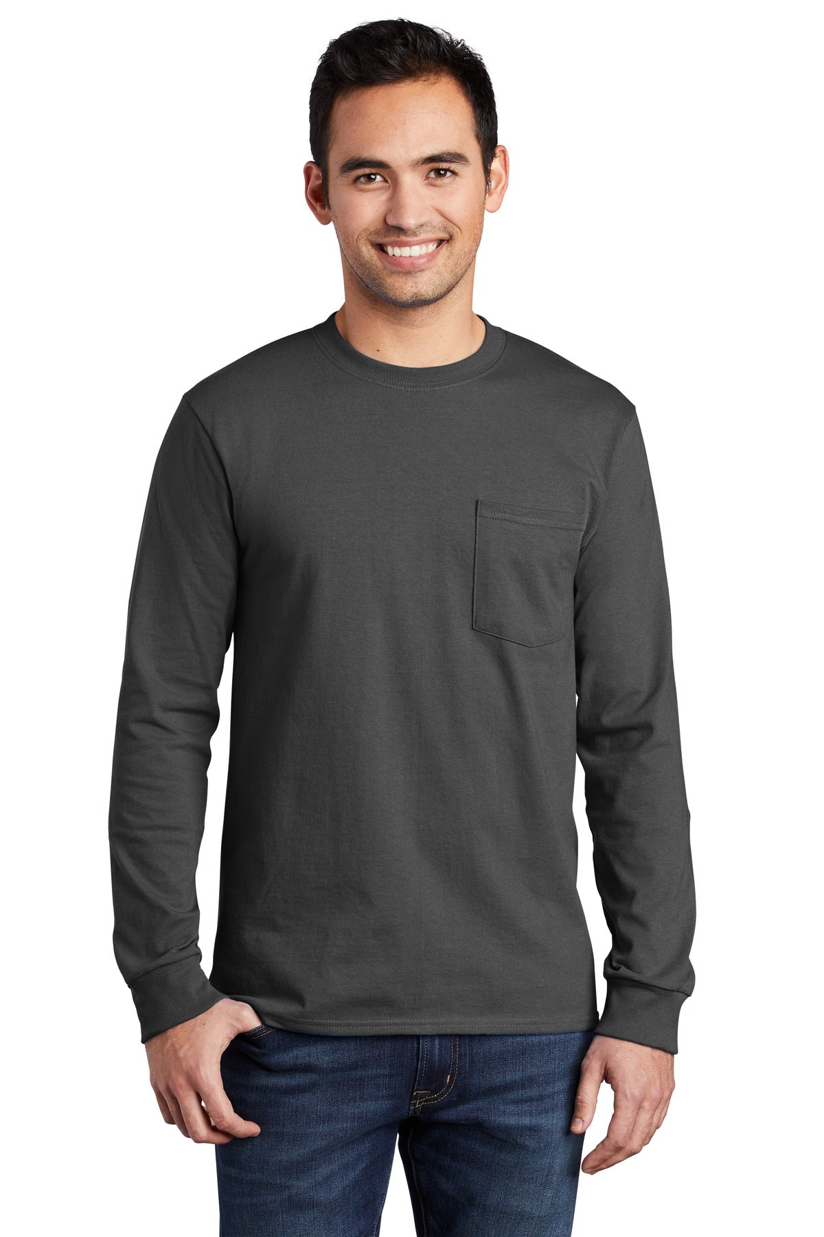 Front View of Charcoal Port & Company Tall Long Sleeve Essential Pocket Tee. PC61LSPT