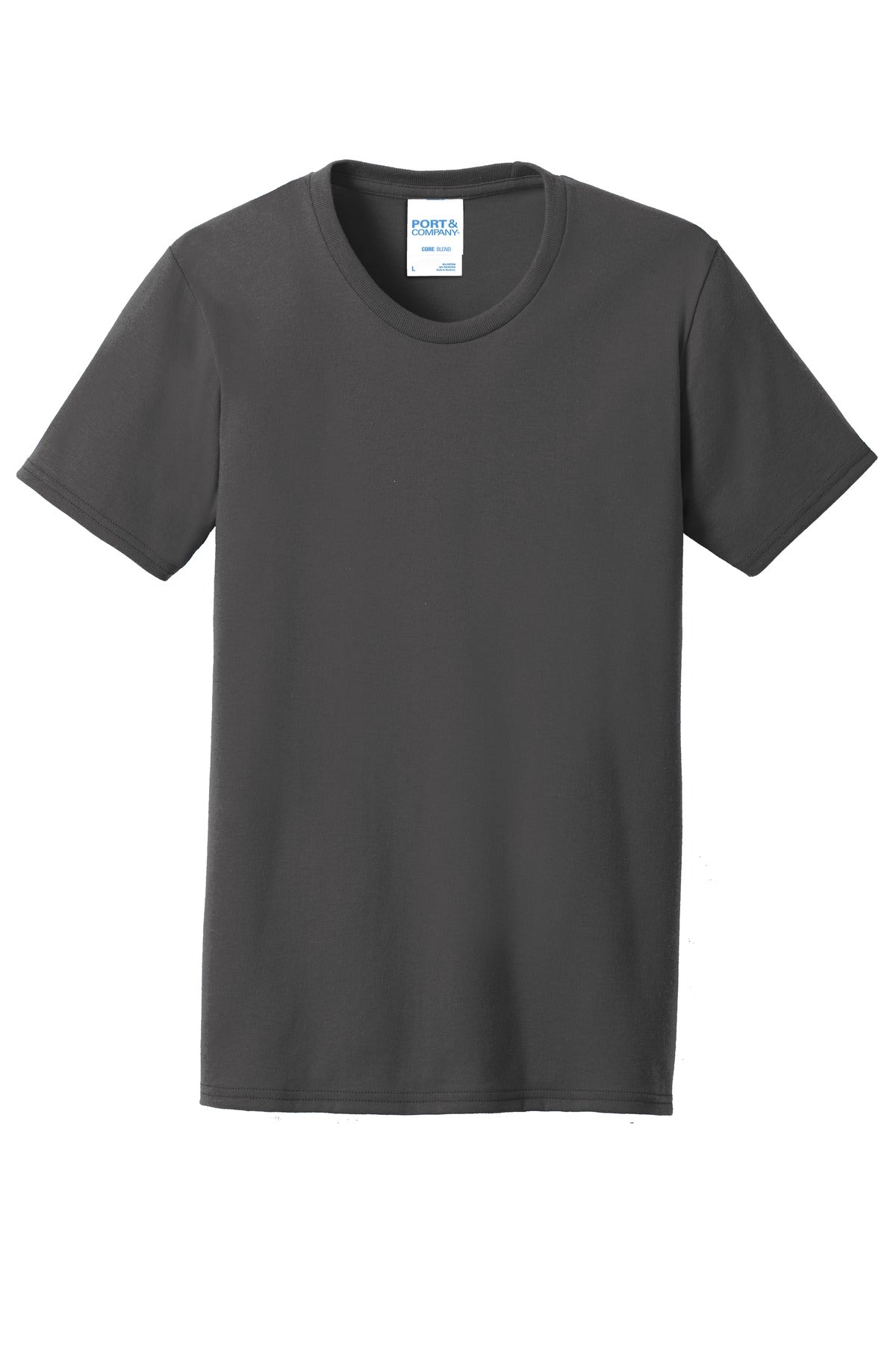 Front View of Charcoal Port & Company Women's Core Blend Tee. LPC55