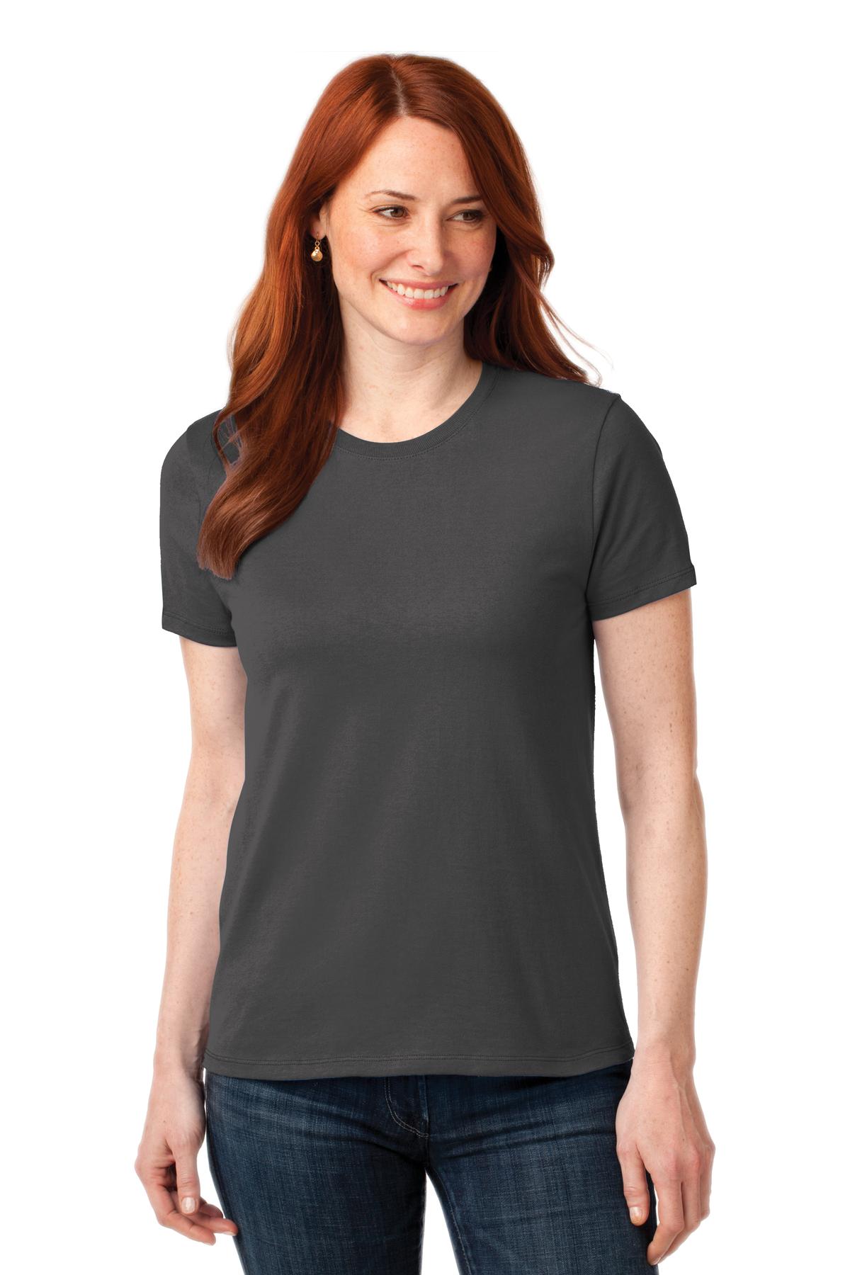 Front View of Charcoal Port & Company Women's Core Blend Tee. LPC55