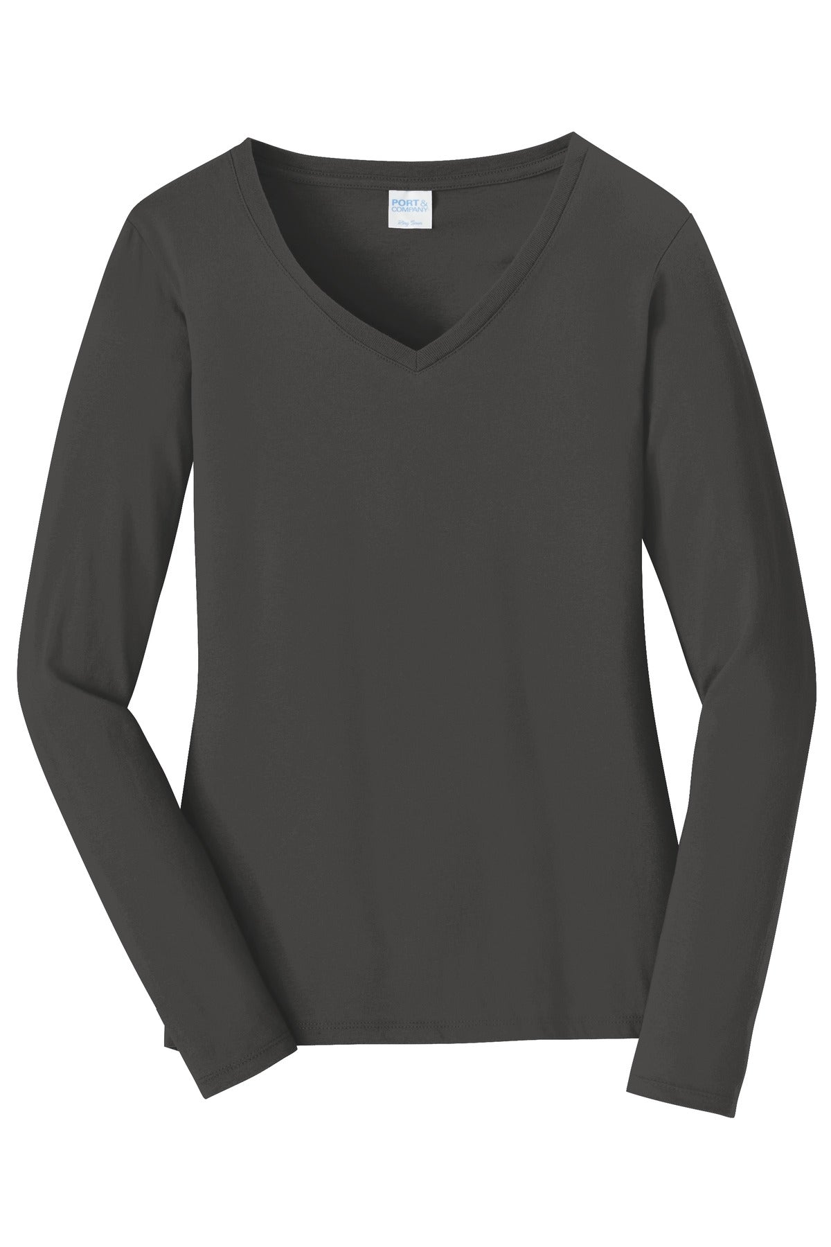Front View of Charcoal Port & Company Women's Long Sleeve Fan Favorite V-Neck Tee. LPC450VLS