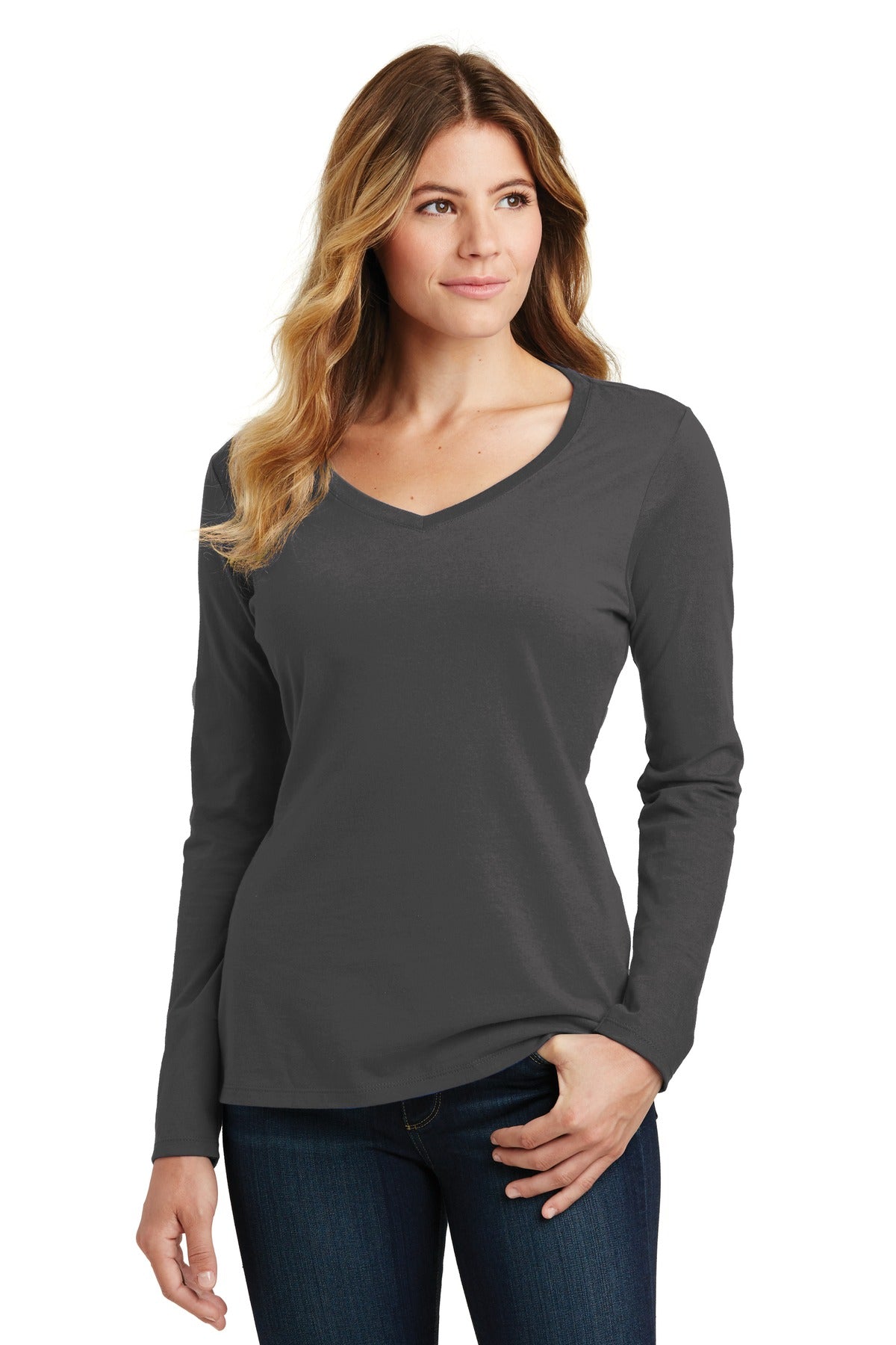 Front View of Charcoal Port & Company Women's Long Sleeve Fan Favorite V-Neck Tee. LPC450VLS