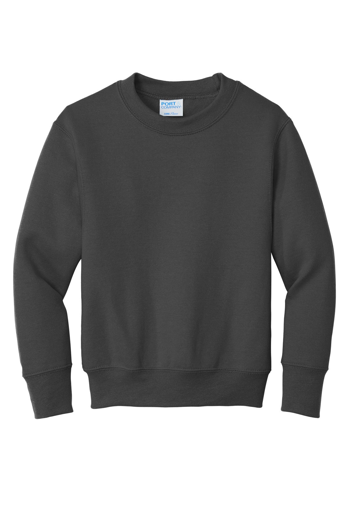 Front View of Charcoal Port & Company Youth Core Fleece Crewneck Sweatshirt. PC90Y