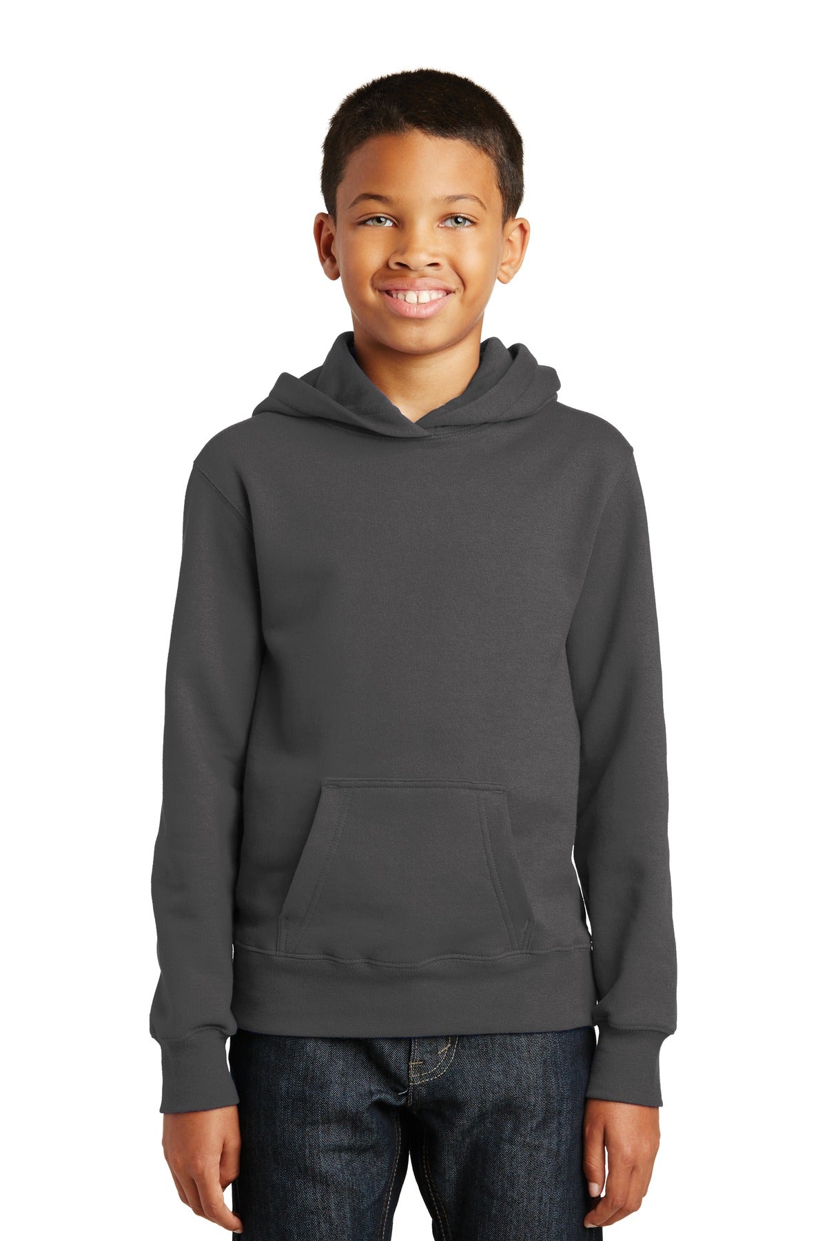 Front View of Charcoal Port & Company Youth Fan Favorite Fleece Pullover Hooded Sweatshirt. PC850YH
