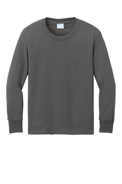 Front View of Charcoal Port & Company Youth Long Sleeve Core Cotton Tee. PC54YLS