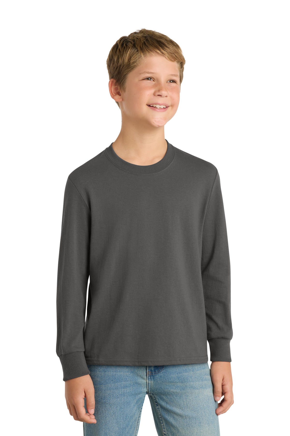 Front View of Charcoal Port & Company Youth Long Sleeve Core Cotton Tee. PC54YLS