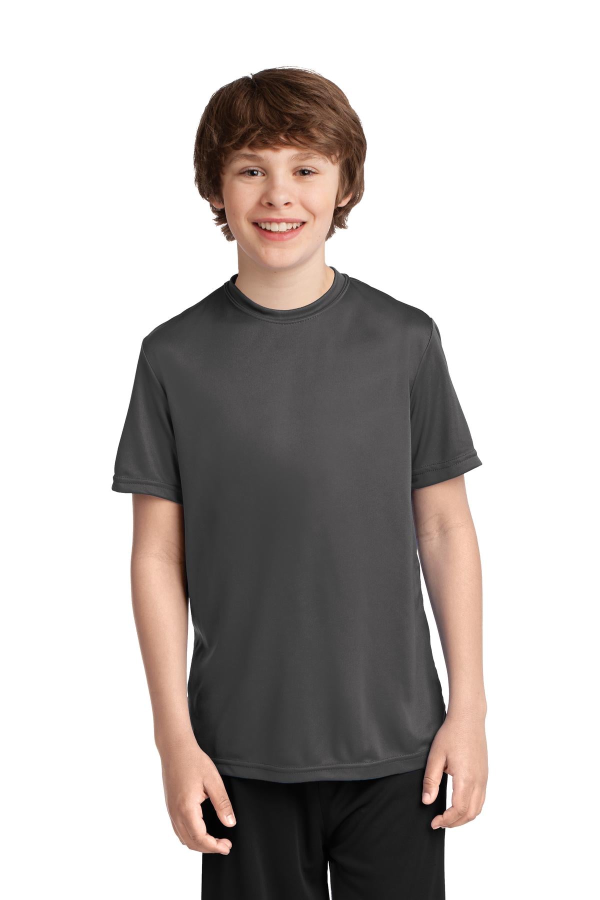 Front View of Charcoal Port & Company Youth Performance Tee. PC380Y
