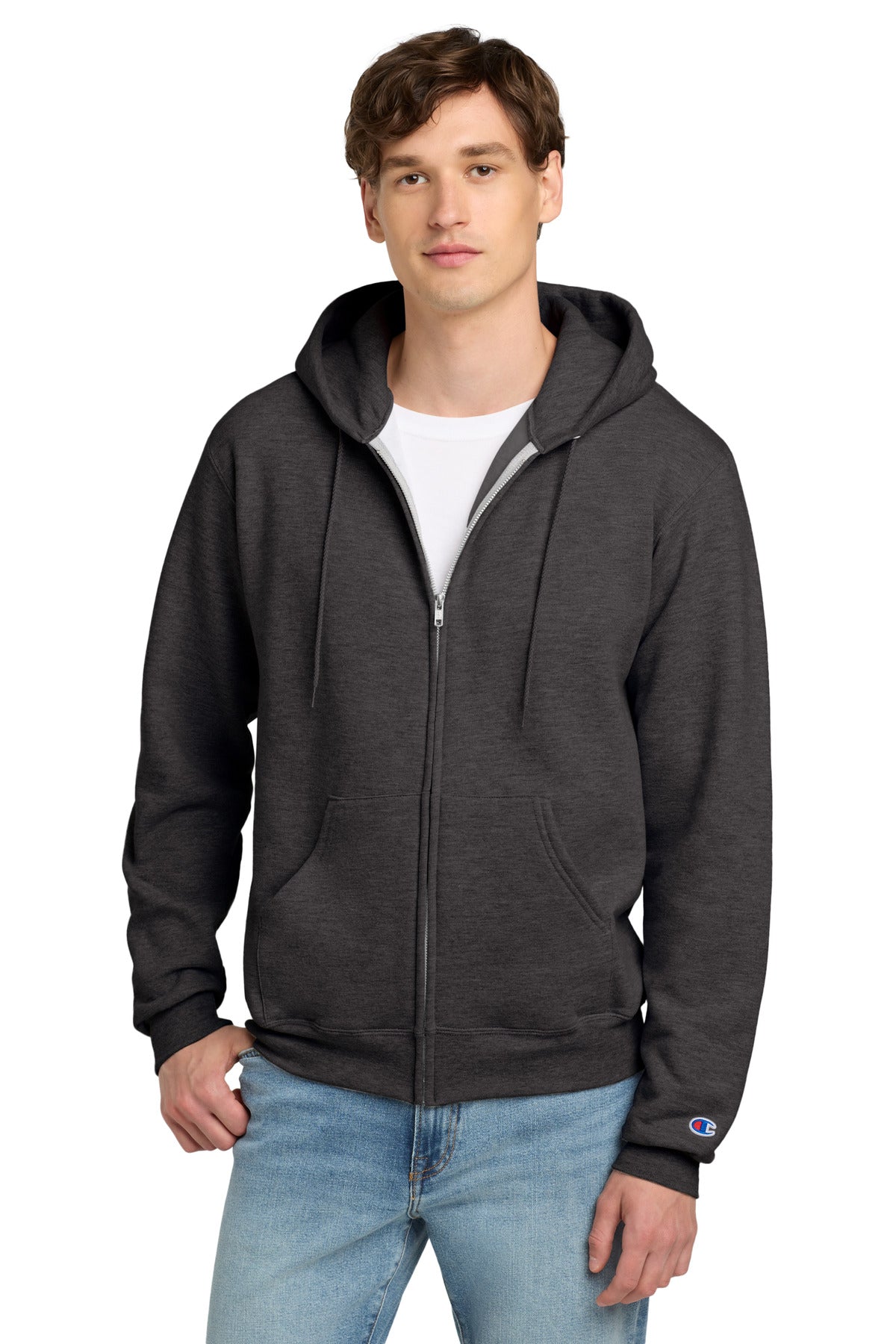 Front View of CharcoalHt Champion Powerblend Full-Zip Hoodie.S800