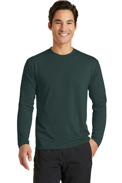 Front View of Dark Green Port & Company Long Sleeve Performance Blend Tee. PC381LS